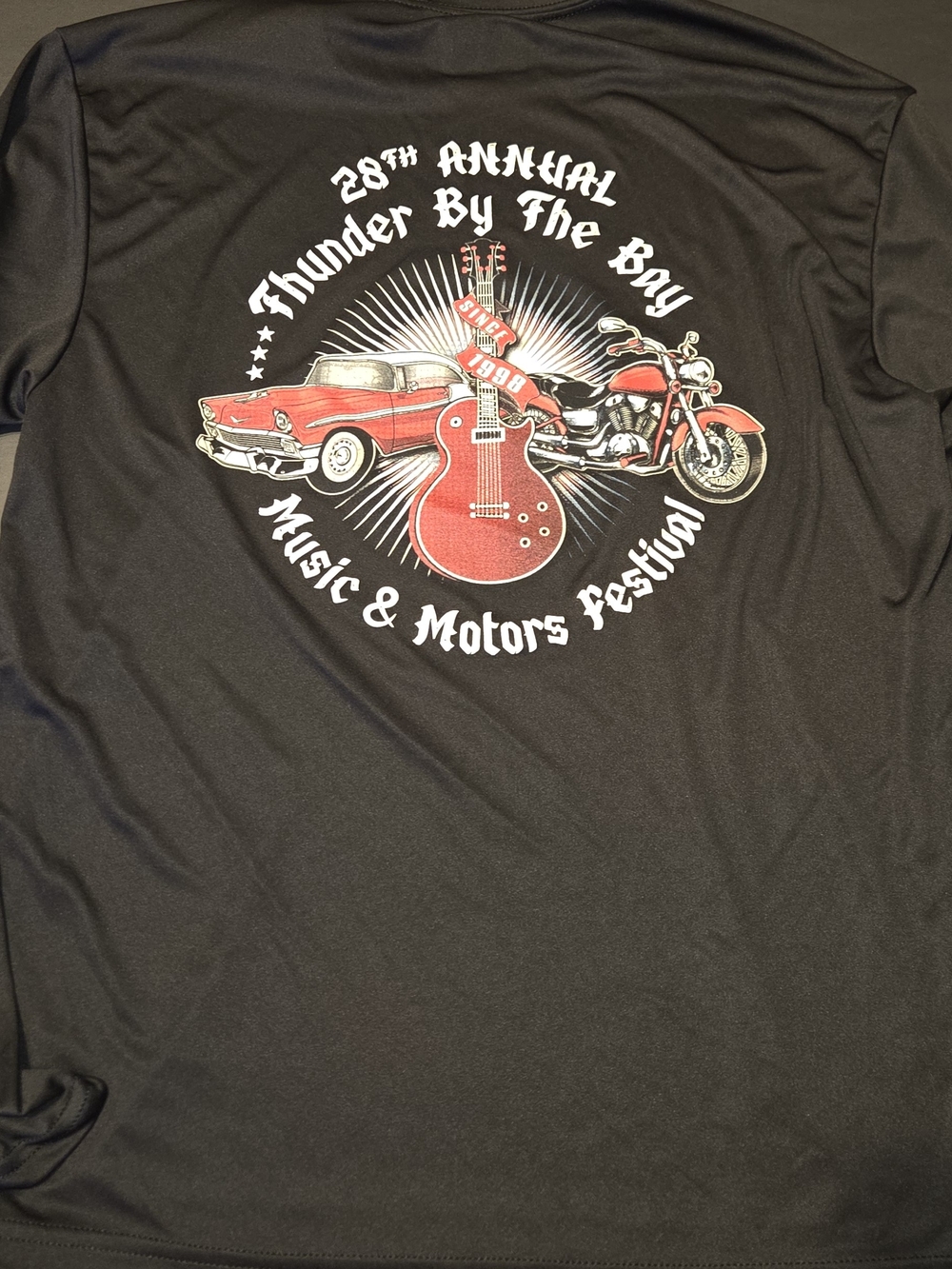 Black Long-Sleeve Festival Graphic Tee — Red Guitar & Motors Design